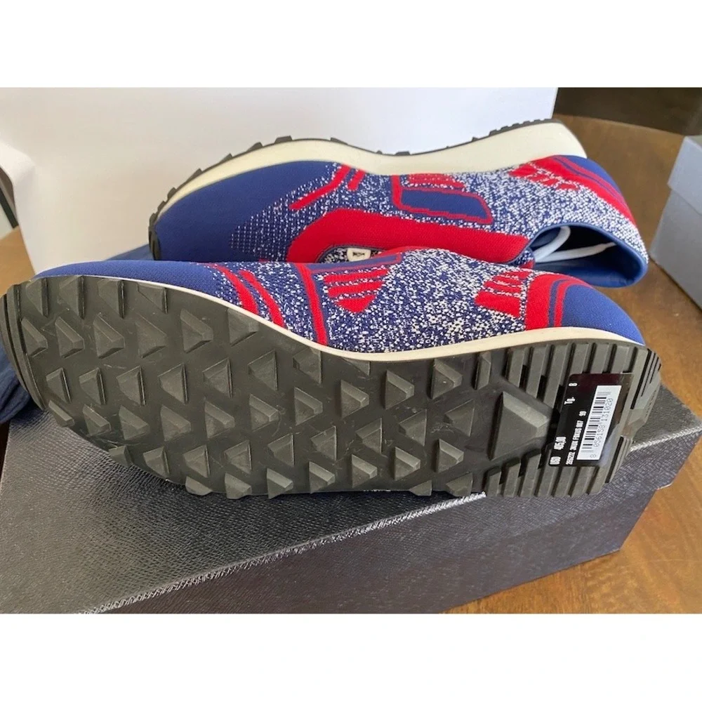 PRADA 2EG272 RED‎ BLUE FABRIC TRAINERS KNIT LOGO LACE UP SNEAKERS UK 7